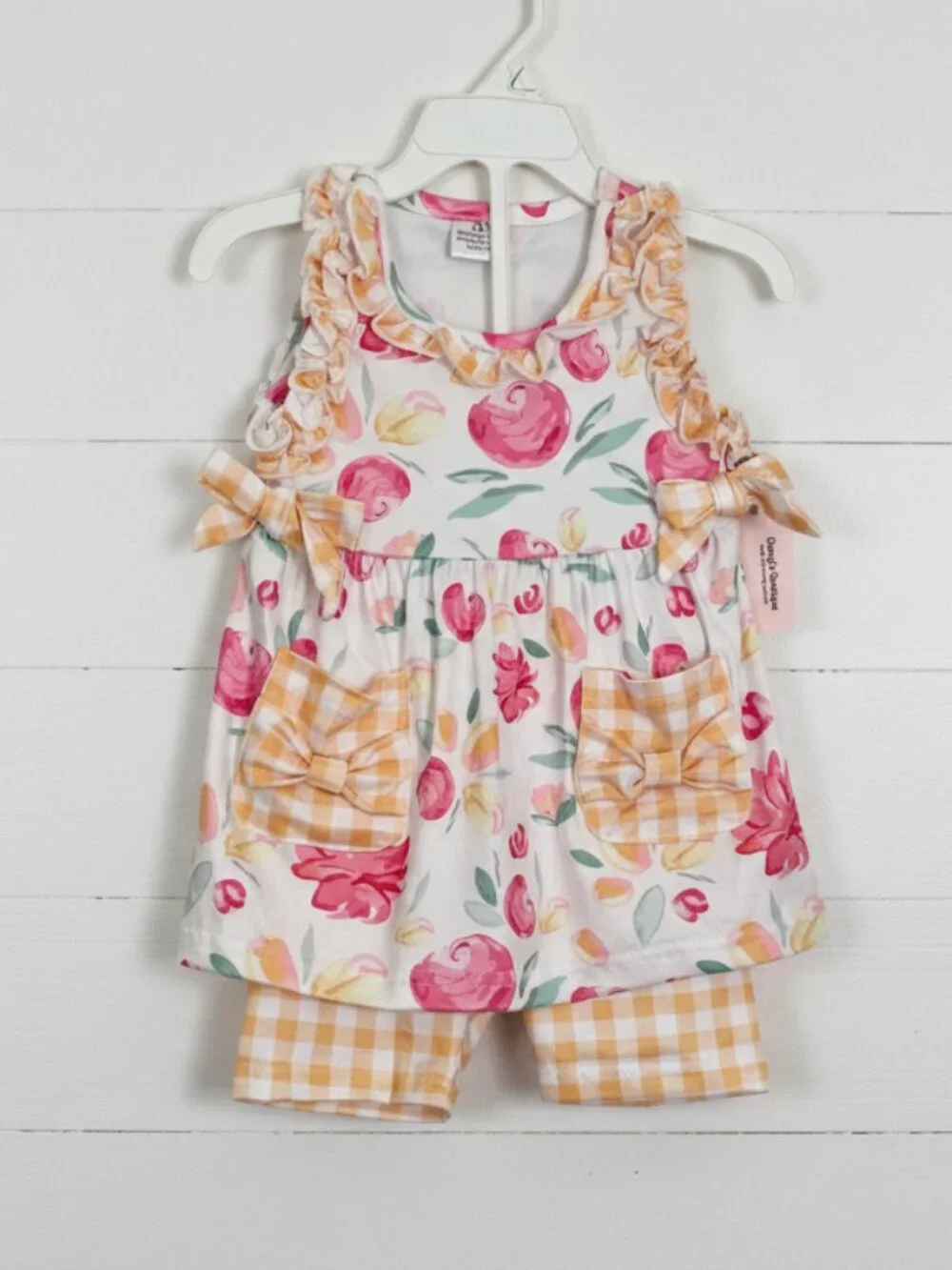 Yellow Checks & Flowers Ruffle Short Set, girl